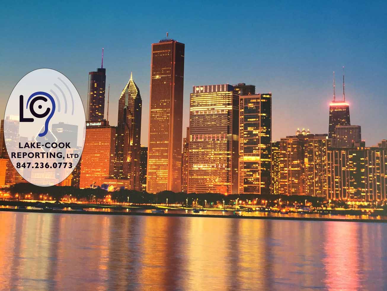 Chicago skyline accompanying testimonials with Lake-Cook Reporting Logo