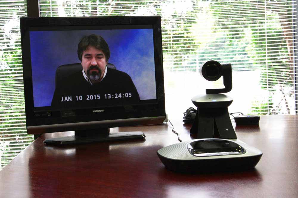 Example of a portable video conference with a small display. Our system works with any display using HDMI, DVI, VGA, and composite inputs.