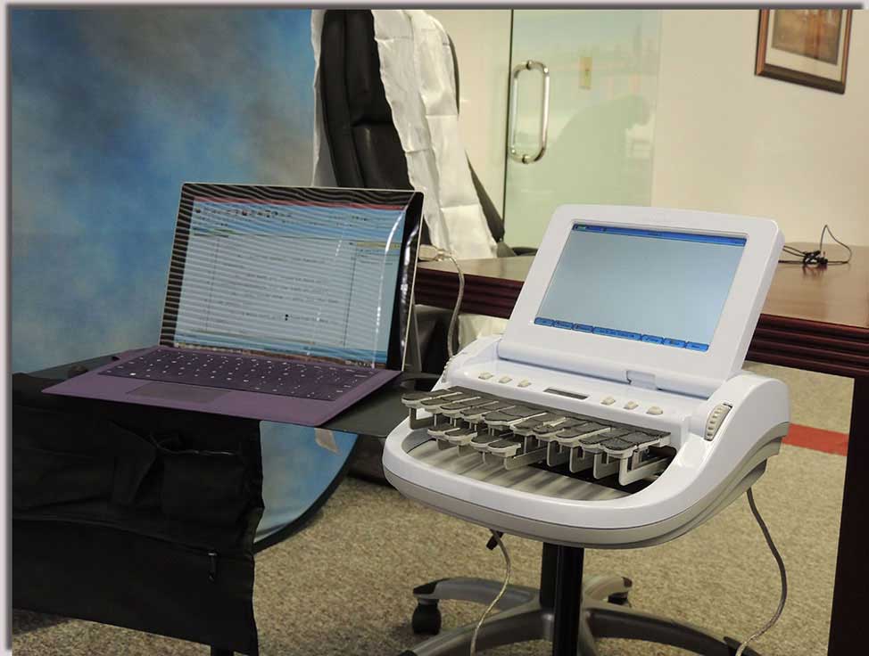Court reporting stenography machine used by court reporters at Lake Cook Reporting in Chicago, IL.