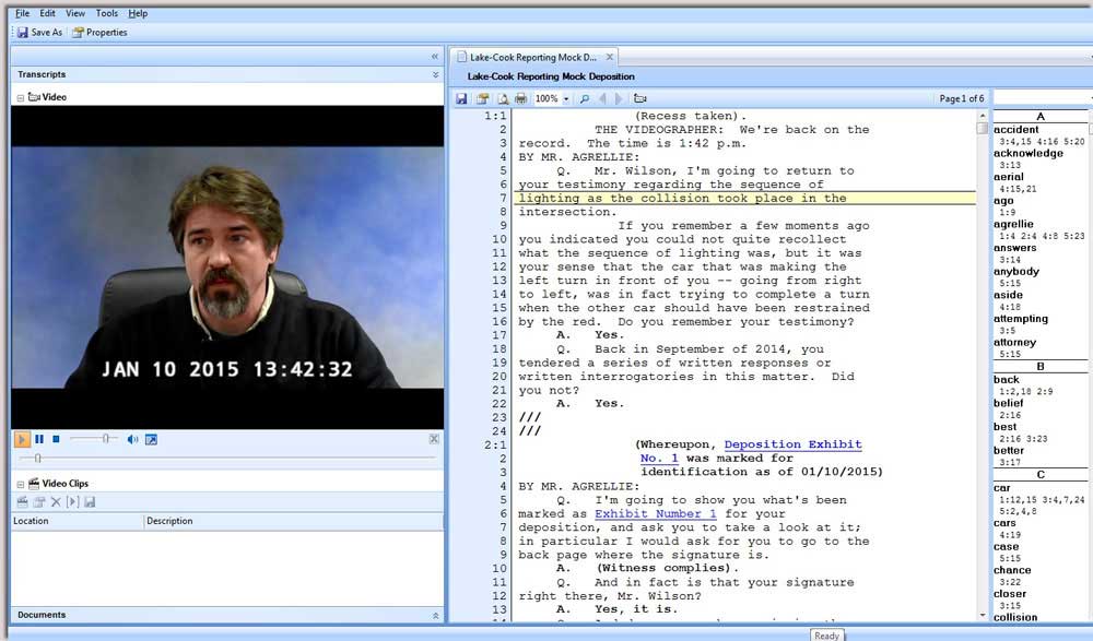 Synchronize transcript to video example used by Lake Cook Reporting in Chicago.