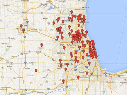 Map showing Lake Cook Reporting's coverage for Chicago area court reporters and legal videographers.