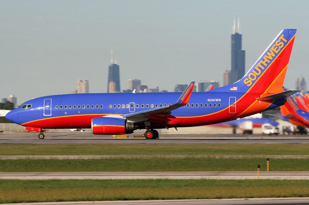 Southwest Airlines flight at Midway Airport. Photo by Brian Futterman.